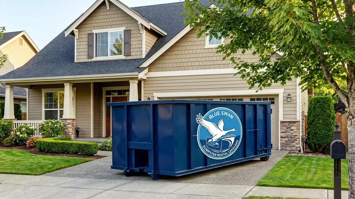 Residential dumpster rental in Lakeland: a 20 yard roll-off set on plywood across a flat concrete driveway on a South Lake Morton bungalow street, garage door up, with painted cabinets, porch flooring and lanai screen frame stacked flat across the floor of the container. Residential dumpster rental in Lakeland: a 20 yard roll-off set on plywood across a flat concrete driveway on a South Lake Morton bungalow street, garage door up, with painted cabinets, porch flooring and lanai screen frame stacked flat across the floor of the container.
